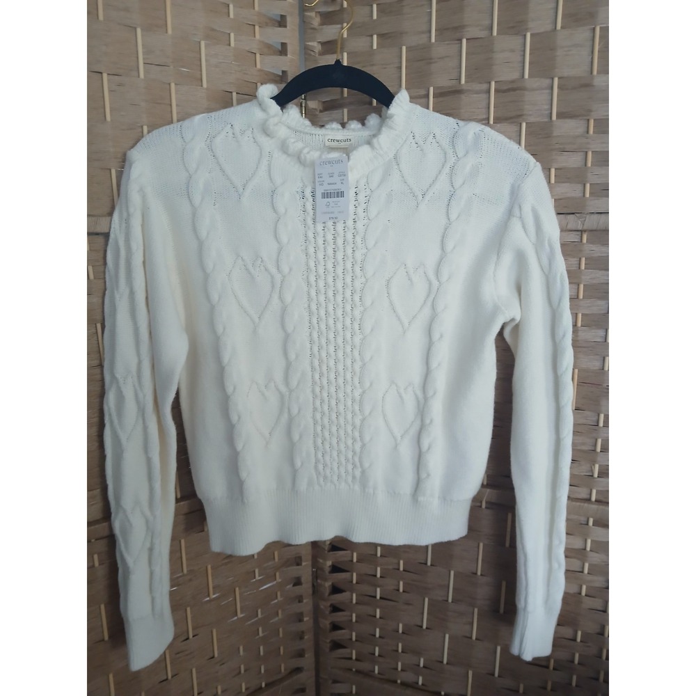 NWT J Crew Crewcuts Girls White Cotton Cable Knit Sweater Sz XL 12-14 Ruffle